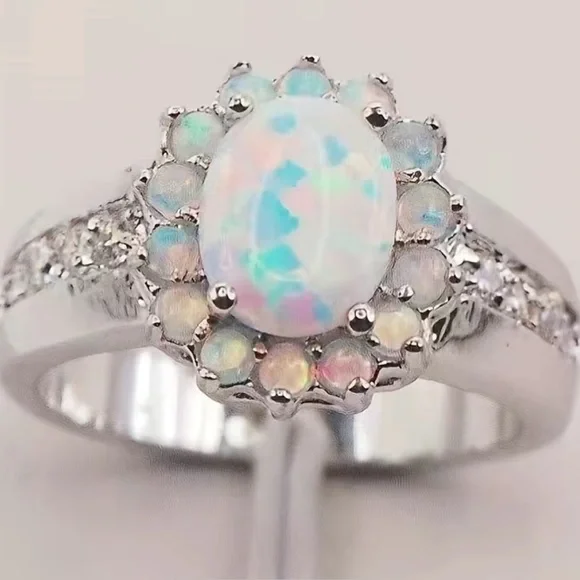 Opal Sunflower, Lab created, Flower Shape, Side Cubic Zirconia Fairy Ring, Sz 7 - Picture 2 of 13